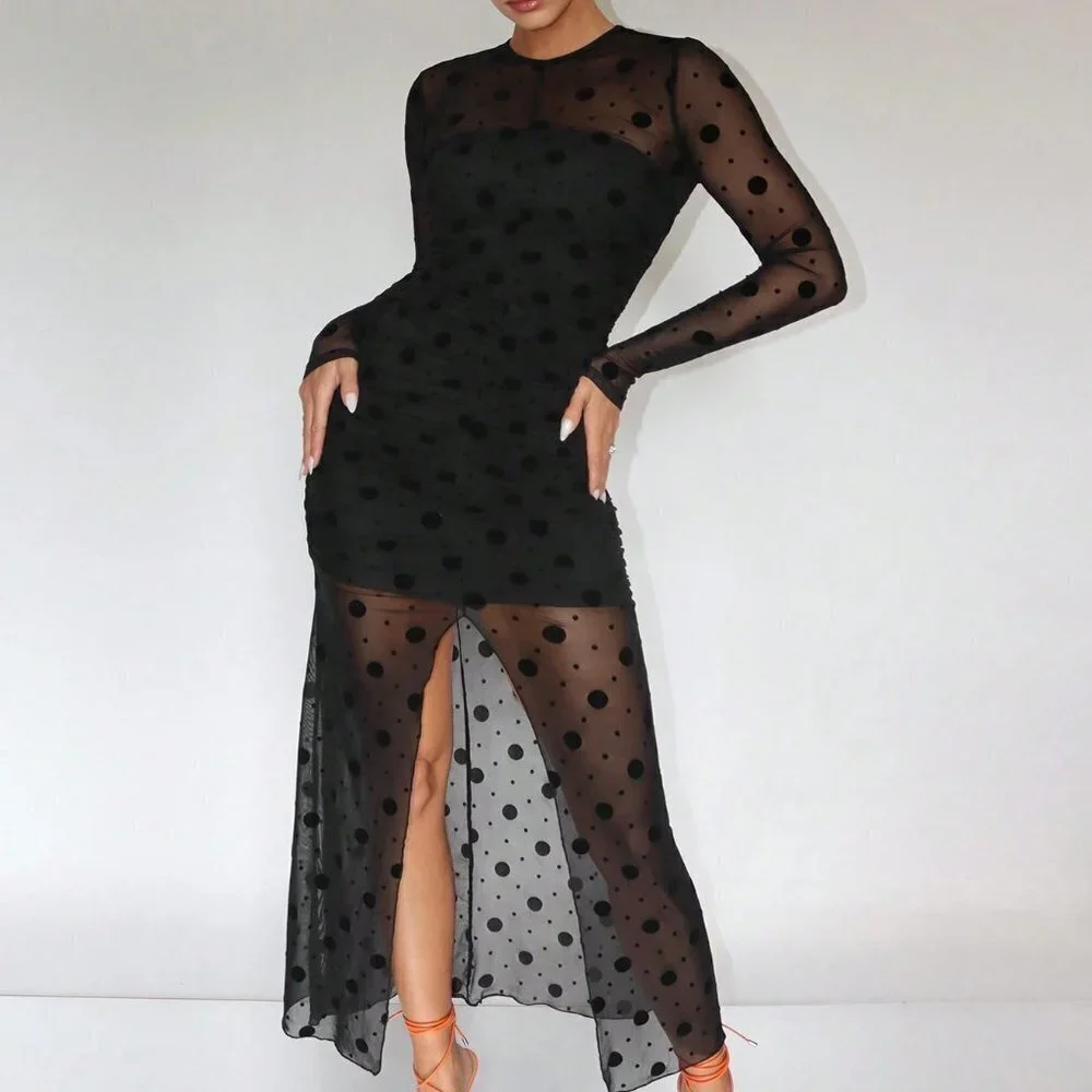 Black Preppy Womens Polka Dot Print Split Thigh Mesh Dress_4